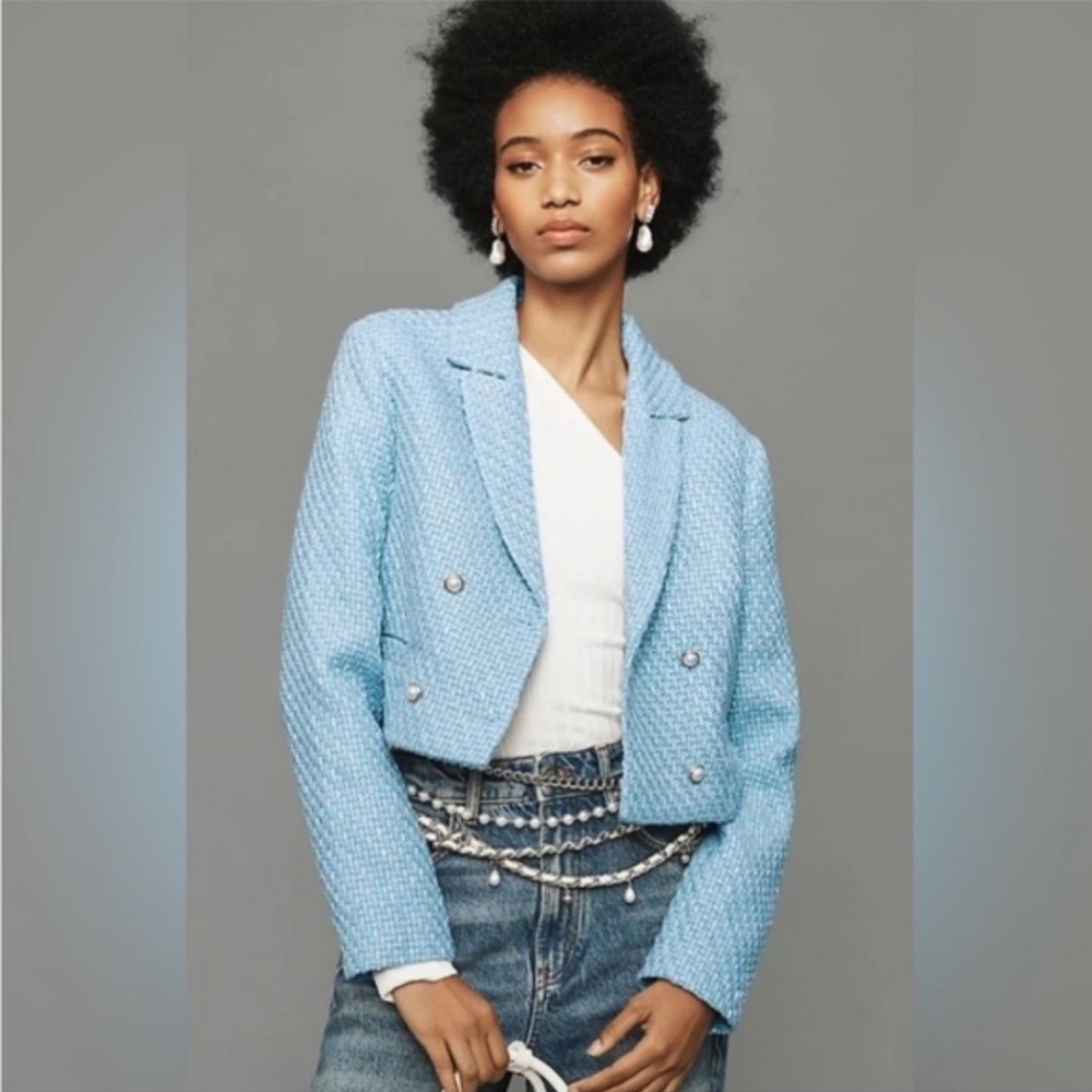 Anthropology Maeve Cropped Women's Blue Textured Jacket Size XS